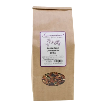 Braune Papiertüte mit Lunderland Gemüsemix 500 g Tierfutter, lila Etikett und ovalem Sichtfenster, das die getrocknete Gemüse-Mischung zeigt.