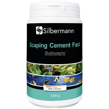 Behälter mit Silbermann Scaper's Cement Fast in Schwarz, beschriftet mit aquatischen Bildern und dem Text "Inhalt: 1200 g."
