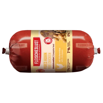 Rot verpackte FLEISCHESLUST-Tiernahrungsrolle mit Aufschrift 'Pures Huhn / Pure Chicken' mit Kichererbsen, 7 % Gemüse