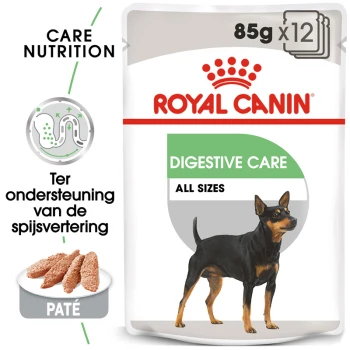 Royal Canin Digestive Care hondenvoer verpakking met een illustratie van een zwart en tan hond, met de tekst '85g x 12' en 'Alle Maten.'