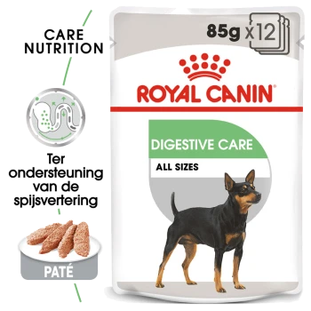Royal Canin Digestive Care hondenvoer verpakking met een illustratie van een zwart en tan hond, met de tekst '85g x 12' en 'Alle Maten.'