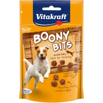 Boony Bits 6x55g Vitakraft Boony Bits Hundeleckerliverpackung, mit kleinen Trainingsstücken, mit Text, der "zuckerfreies Rezept" und "+ extra Vitamine" hervorhebt.
