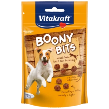 Vitakraft Boony Bits Hundeleckerliverpackung, mit kleinen Trainingsstücken, mit Text, der "zuckerfreies Rezept" und "+ extra Vitamine" hervorhebt.