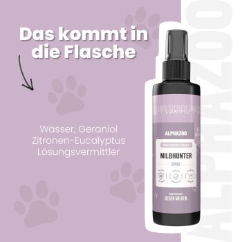 Sprühflasche von Alphazoo Milbhunter mit den Inhaltsstoffen Wasser, Geraniol, Zitronen-Eukalyptus-Lösung vor lila Hintergrund.