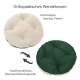 Orthopädisches, wendbares Haustierkissen mit einer weichen beige Fleece-Seite und einer grünen Stoffseite, mit Text, der seine hautfreundliche Baumwollmischung hervorhebt.