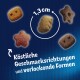 Assortiment huisdiertraktaties in ster- en botvormen, met een maat van 1,3 cm, met de tekst 'Köstliche Geschmacksrichtungen und verlockende Formen.'