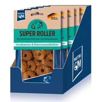 Nutri QM Super Roller Hundesnacks mit natürlichen Vitaminen und Antioxidantien, hergestellt in Deutschland, Acai-Beeren & Brennnesselblätter.
