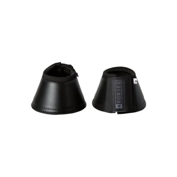 Schwarze Hufschuhe für Pferde mit glatter Oberfläche, ausgestattet mit einem Klettverschluss und dem Etikett "4 HORSES."