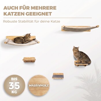 Wandregal für Katzen mit zwei sich ausruhenden Katzen, mit dem Text "Für mehrere Katzen" und "Robuste Stabilität," plus einem "BIS 35 KG" Abzeichen.