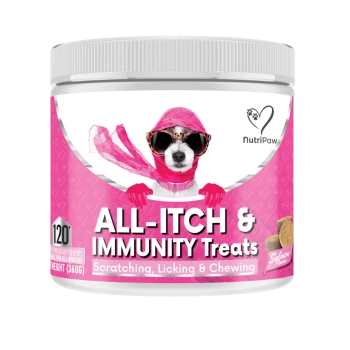 NutriPaw All-Itch & Immunity Treats for dogs, salmon flavor, 120 chews, 360g, for scratching, licking, and chewing relief.