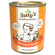 Dose mit Betty's Landhausküche Katzenfutter mit einer Kochillustration, beschriftet mit 'Mit Ente & Taurin' und 'Extra viel Fleisch.'