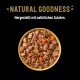 Schüssel mit Haustierfutter mit Fleisch- und Gemüsestücken, mit dem Text "NATURAL GOODNESS™" und "Hergestellt mit natürlichen Zutaten."