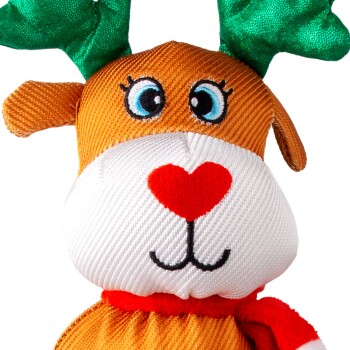 Plush reindeer dog toy with green antlers, blue eyes, red heart-shaped nose, and red scarf on white background.