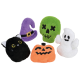 Set of five Halloween-themed plush pet toys including a black cat, purple witch hat, green skull, orange pumpkin, and white ghost.