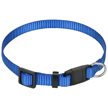Blue nylon pet collar with a black buckle and metal D-ring for leash attachment, displayed against a white background.