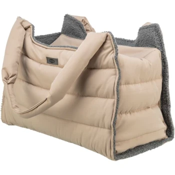 Beige Haustiertragetasche mit plüschigem grauen Innenfutter und stabilen Griffen, entworfen für Komfort und Bequemlichkeit.