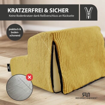 Gelber Cord-Bezug für Haustierbett mit hinterem Reißverschluss, der den Schaumstoff zeigt; deutscher Text 'KRATZERFREI & SICHER' und Logo 'ROHRSCHNEIDER'.