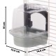 Transparente Haustier-Wasserspender, der an einem Käfig befestigt ist, mit einer Höhe von 16 cm, einer Breite von 13,5 cm und einer Tiefe von 14,5 cm.