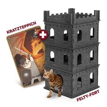 Filz Katzenburg Felty Fort Set Eine verspielte Bengal-Katze schaut aus einem grauen "FELTY-FORT"-Turm heraus, neben einer Ritterkatze und einer Drachenkratzmatte, die mit "KRATZTEPPICH" beschriftet ist.