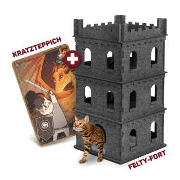 Eine verspielte Bengal-Katze schaut aus einem grauen "FELTY-FORT"-Turm heraus, neben einer Ritterkatze und einer Drachenkratzmatte, die mit "KRATZTEPPICH" beschriftet ist.