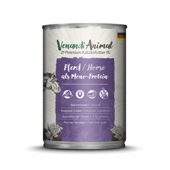 Dose mit Venandi Animal Premium Katzenfutter, das Pferd als Hauptzutat enthält, als Monoprotein gekennzeichnet, mit natürlichen und regionalen Zutaten.