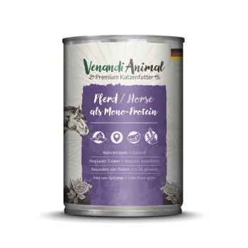 Dose mit Venandi Animal Premium Katzenfutter, das Pferd als Hauptzutat enthält, als Monoprotein gekennzeichnet, mit natürlichen und regionalen Zutaten.