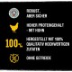 Annonce de nourriture pour animaux avec une icône de poulet, mettant en avant "Robust but safe," "High protein," "100% quality ingredients," et "Grain-free."
