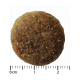 Nahaufnahme eines runden, braunen Haustierfutterkibbles mit einer strukturierten Oberfläche, das einen Durchmesser von etwa 2 cm hat.