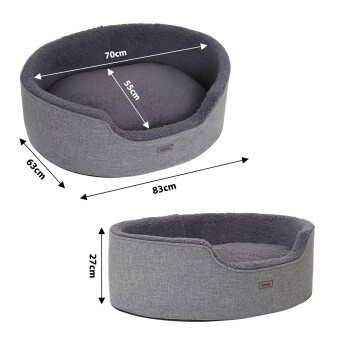 Graues Tierbett mit plüschigem Innenraum, mit einem Durchmesser von 70 cm, einem Innendurchmesser von 55 cm, einer Höhe von 63 cm und einer Breite von 83 cm.