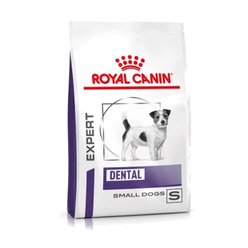 Karma Royal Canin Expert Dental dla małych psów, z ilustracją małego psa, z wyraźnie widocznymi napisami "DENTAL" i "SMALL DOGS."