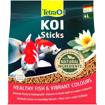Tetra Pond Koi Sticks verpakking met levendige koi-vissen, met tekst die 'Gezonde Vissen & Levendige Kleuren' en 'Geen toegevoegde conserveermiddelen' benadrukt.