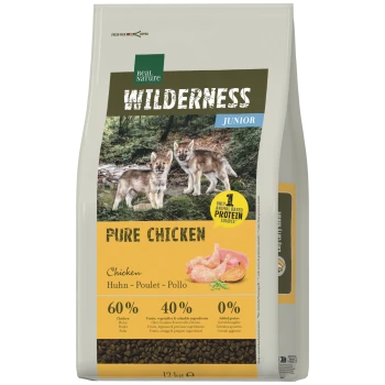Beutel Real Nature Wilderness Junior Hundefutter, Pure Chicken, zeigt Wolfswelpen und Hühnerstücke, mit der Angabe 60% 40% 0%.