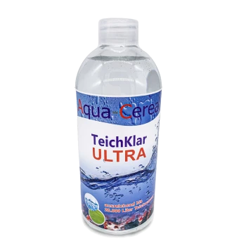 Eine klare Flasche mit der Aufschrift "Aqua Cereal TeichKlar ULTRA" mit einem blauen und weißen Design, das anzeigt, dass sie bis zu 20.000 Liter Teichwasser behandelt.