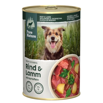 Dose Hundefutter mit der Aufschrift "Rind & Lamm mit Kartoffeln", die Rindfleisch und Lamm zeigt, mit einer Schüssel Fleisch und Kartoffeln auf der Vorderseite.