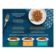 Trois assiettes de nourriture humide effilochée en sauce sur fond bleu avec texte français/néerlandais incluant DUO et Les filettines.