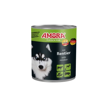 Dose AMORA Hundefutter (Fleisch Pur) mit Husky-Abbildung, beschriftet 'mit Rentier / with reindeer' und Zutaten-Symbole.