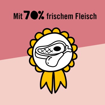Mit 70% frischem Fleisch, abgebildet in einem Medaillon mit einem Fleischsymbol und gelber Schleife auf rosa Hintergrund.