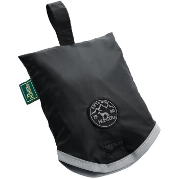 Schwarze Haustier-Zubehörtasche mit grauem Rand, mit einem runden Logo "OUTDOOR HUNTER 1980" und einer Aufhängeschlaufe.