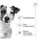 Afbeelding van een hond met tekst die voordelen benadrukt: "Gewichtsbeheersing," "Sterke en gezonde botten," en "Optimale ondersteuning van de vitaliteit."