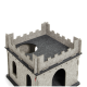 Graues Filzhaustier-Schloss mit flachem Dach, turmähnlichen Kanten und zwei Eingängen, entworfen für Katzen oder kleine Haustiere.