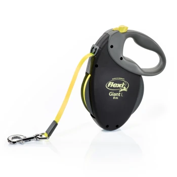 Schwarze und gelbe Flexi Giant L ausziehbare Hundeleine, 8 Meter lang, mit einem stabilen Griff und einem Metallclip zur Befestigung.