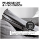 Graues Memory-Schaum-Haustierbett mit Symbolen, die Funktionen wie waschbaren Bezug, rutschfesten Boden und europäische Handwerksqualität hervorheben.