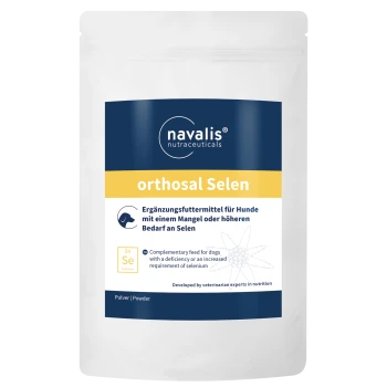 Weißer wiederverschließbarer Beutel mit Aufschrift 'navalis nutraceuticals orthosal Selen' — ergänzendes Selenpulver für Hunde
