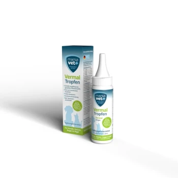 Flasche marsa vet+ Vermal Tropfen für Haustiere, mit einer blau-weißen Box, gekennzeichnet für Hunde, Katzen und kleine Tiere.
