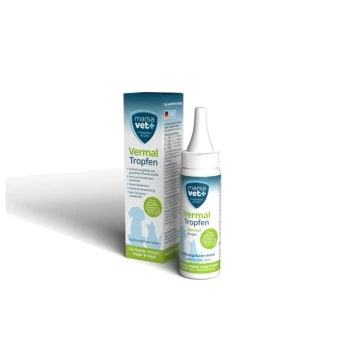 Flasche marsa vet+ Vermal Tropfen für Haustiere, mit einer blau-weißen Box, gekennzeichnet für Hunde, Katzen und kleine Tiere.