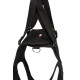 Black padded dog harness with wide adjustable straps, metal D-ring and red logo patch with white text.