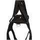 Black padded dog harness with wide adjustable straps, metal D-ring and red logo patch with white text.