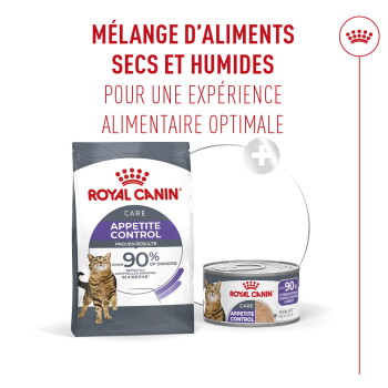 Sac sec et boîte humide Royal Canin 'Appetite Control' pour chat ; texte visible 'Mélange d'aliments secs et humides' et '90 %'