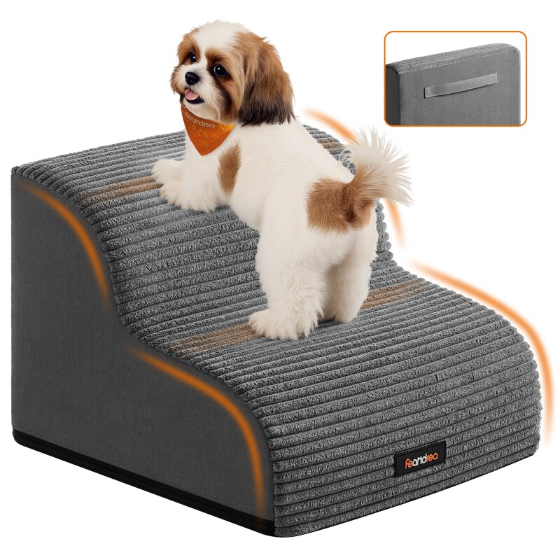 FEANDREA Hundetreppe, 2/3/4Stufen, Cord mit Querstreifen, wasserdicht, rutschfest, abnehmbarer waschbarer Bezug schiefergrau M