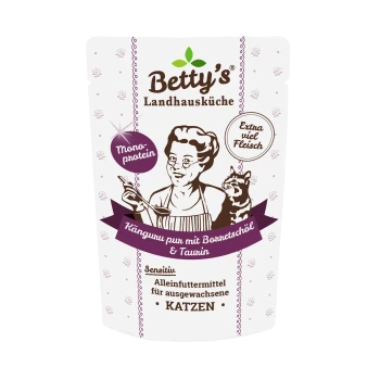 Die Verpackung von Betty's Landhausküche Katzenfutter zeigt einen Koch und beschriftet mit "Känguru pur mit Bonretschöl & Taurin", "Mono-Protein" und "Extra viel Fleisch."